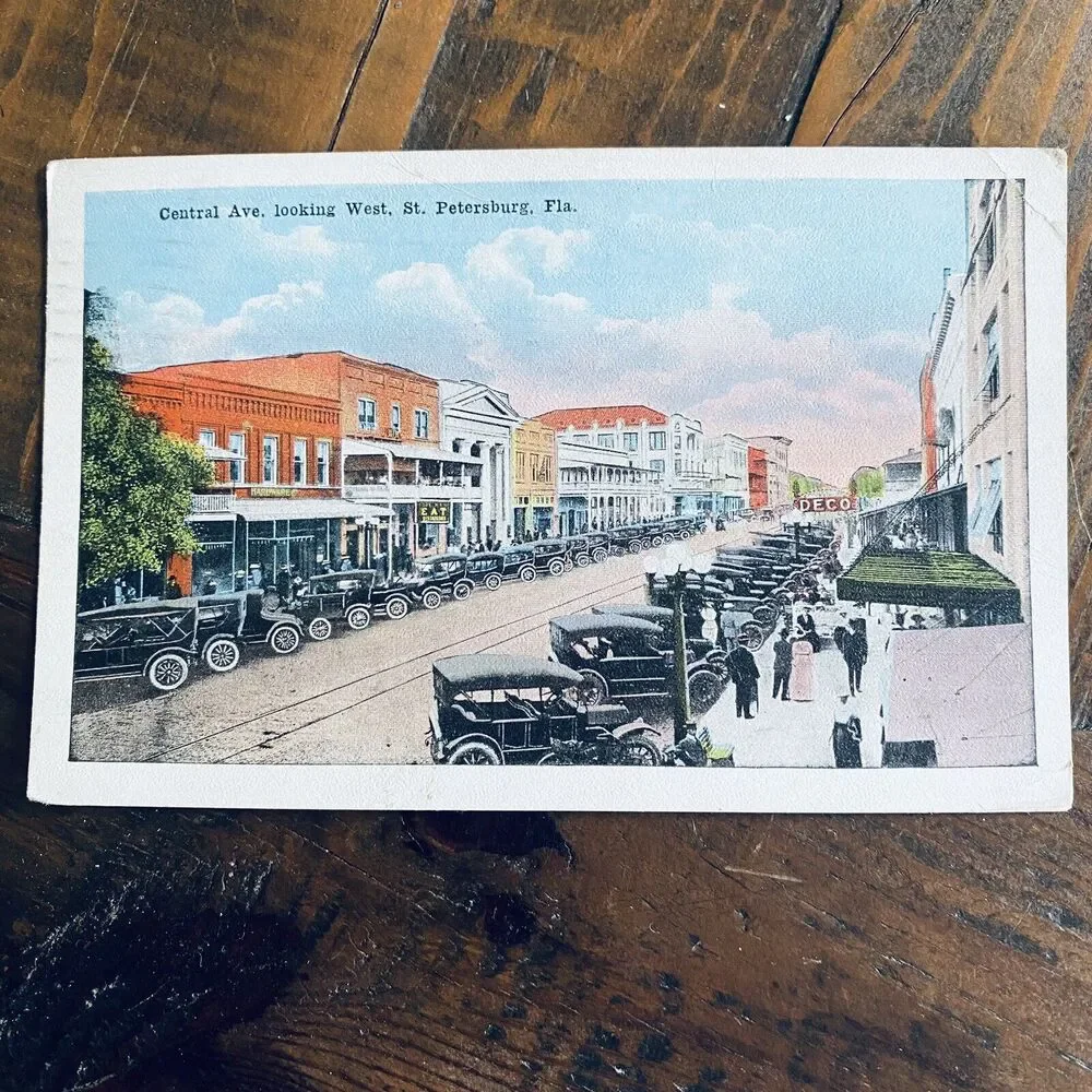 1921 Vintage Postcard Old Cars Central Ave. Scenic View St Petersburg Florida FL
